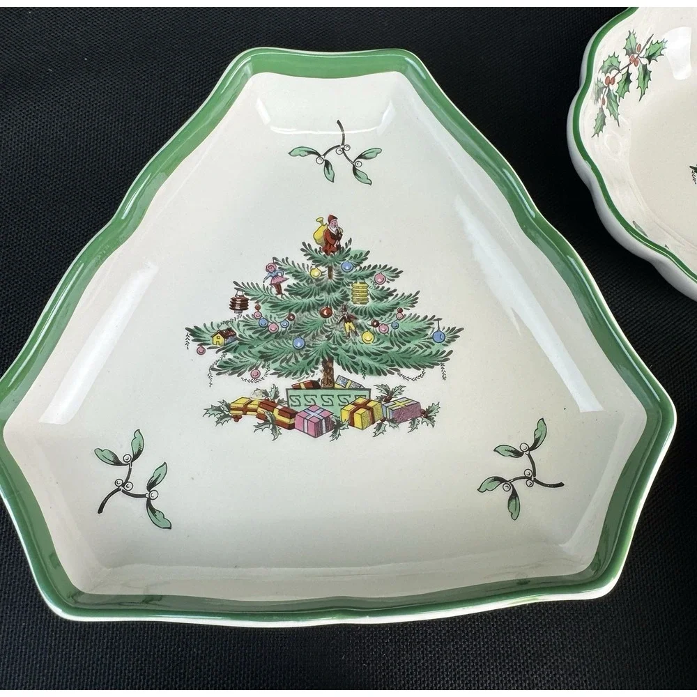 Spode Christmas Tree Pattern Lot Of 5 Small Trays Square Oval & Triangle